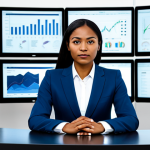 A professional woman, diverse ethnicity, wearing a modest business suit, seated at a modern desk in a spacious, contemporary office. Multiple digital screens surround her, displaying complex, flowing data streams, but her gaze is fixed on a single, clear solution that visually emerges and crystallizes in the foreground. The scene emphasizes focus and clarity amidst an abundance of information, rendered in a professional photography style with high quality and crisp details. fully clothed, appropriate attire, safe for work, perfect anatomy, correct proportions, natural pose, well-formed hands, proper finger count, natural body proportions.