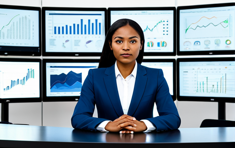 A professional woman, diverse ethnicity, wearing a modest business suit, seated at a modern desk in a spacious, contemporary office. Multiple digital screens surround her, displaying complex, flowing data streams, but her gaze is fixed on a single, clear solution that visually emerges and crystallizes in the foreground. The scene emphasizes focus and clarity amidst an abundance of information, rendered in a professional photography style with high quality and crisp details. fully clothed, appropriate attire, safe for work, perfect anatomy, correct proportions, natural pose, well-formed hands, proper finger count, natural body proportions.