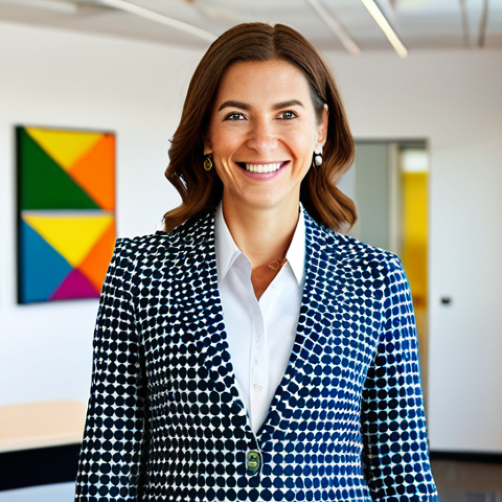 Innovative Thinking**
A businesswoman, fully clothed in a modern and modest business suit, stands in a brightly lit, contemporary office filled with colorful geometric shapes and kaleidoscopic patterns. She is smiling confidently. Focus on conveying a sense of creativity and forward-thinking. Safe for work, appropriate content, professional, perfect anatomy, correct proportions, well-formed hands, proper finger count, natural body proportions, high quality.
**