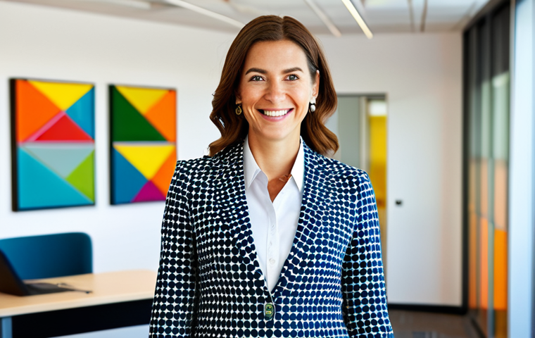 Innovative Thinking**

A businesswoman, fully clothed in a modern and modest business suit, stands in a brightly lit, contemporary office filled with colorful geometric shapes and kaleidoscopic patterns. She is smiling confidently. Focus on conveying a sense of creativity and forward-thinking. Safe for work, appropriate content, professional, perfect anatomy, correct proportions, well-formed hands, proper finger count, natural body proportions, high quality.

**