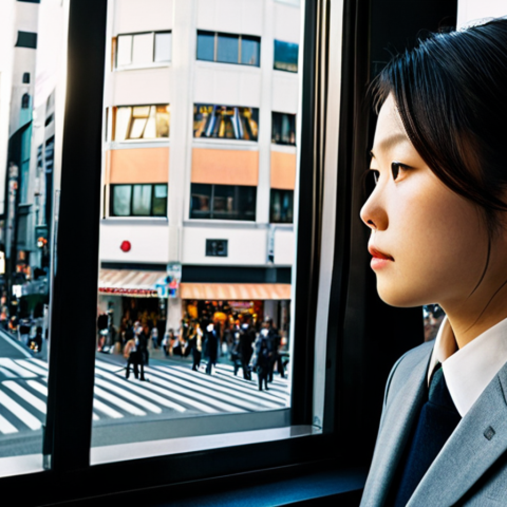 **Prompt:** A young woman in a stylish, modest business suit, thoughtfully observing the bustling Shibuya crossing from a cafe window, fully clothed, professional, safe for work, perfect anatomy, soft morning light, family-friendly, appropriate content.