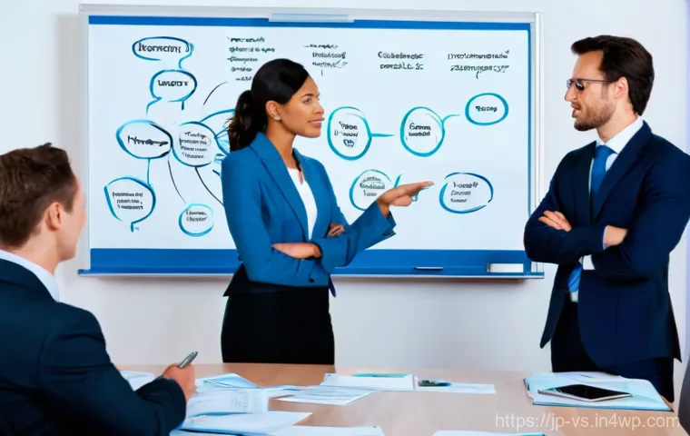 효율적인 팀워크를 위한 수렴적 사고 전략 - **Prompt:** A scene depicting a dynamic remote team meeting. Three distinct screens are prominently ...