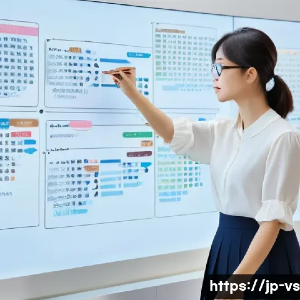 수렴적 사고의 실천적 접근 방식 - A modern Japanese office scene showing a young professional woman organizing a mind map on a large d...