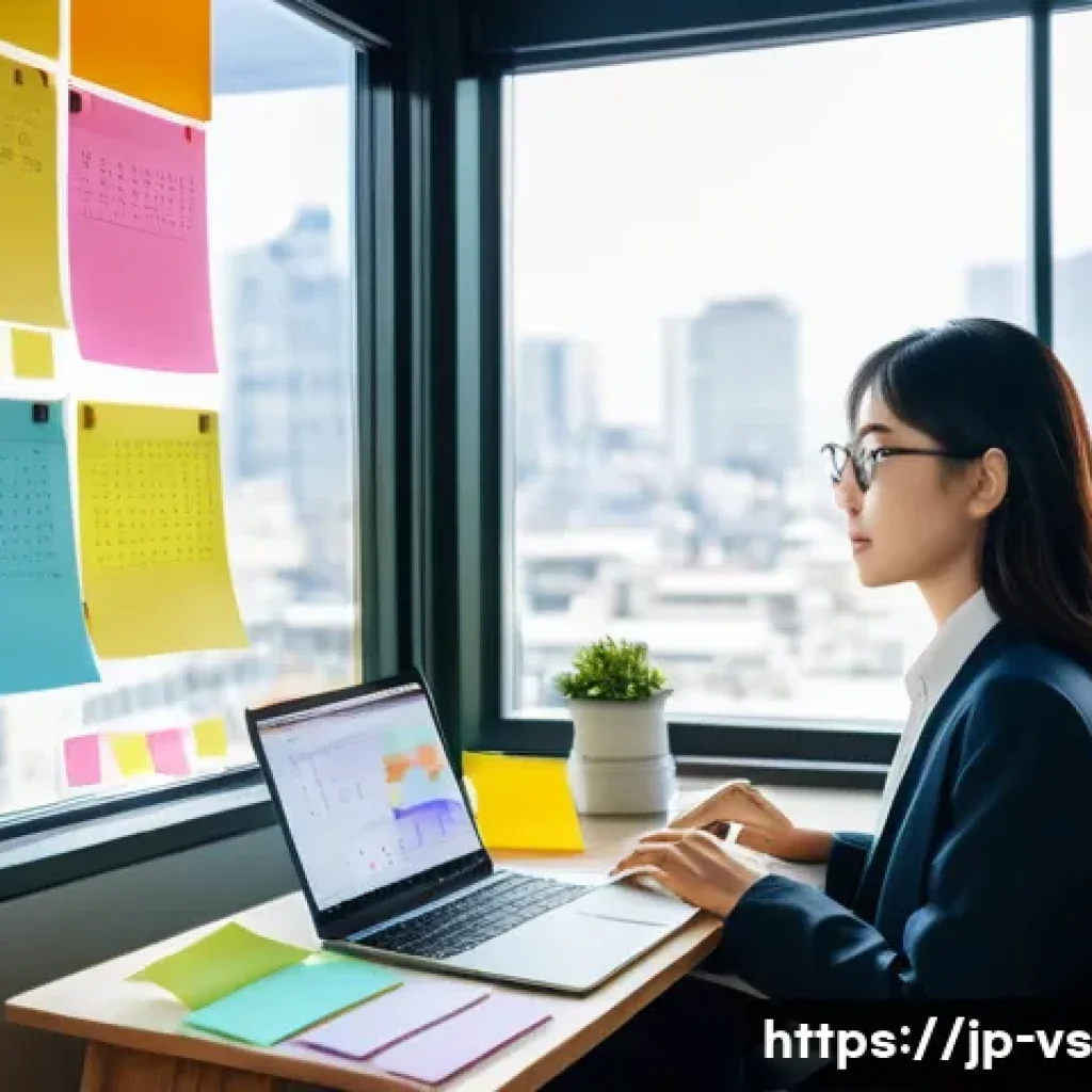 수렴적 사고 훈련을 위한 게임 기법 - A modern Japanese office scene where a young professional woman is thoughtfully switching perspectiv...
