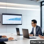 수렴적 사고의 성과 측정 방법 - A modern Japanese office scene with a diverse team of professionals engaged in a collaborative meeti...