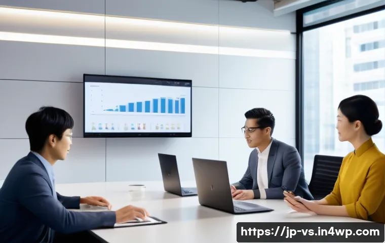 수렴적 사고의 성과 측정 방법 - A modern Japanese office scene with a diverse team of professionals engaged in a collaborative meeti...