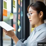 수렴적 사고의 발전을 위한 연구 동향 - A modern Japanese office scene featuring a young professional woman thoughtfully using a digital min...