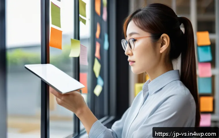 수렴적 사고의 발전을 위한 연구 동향 - A modern Japanese office scene featuring a young professional woman thoughtfully using a digital min...