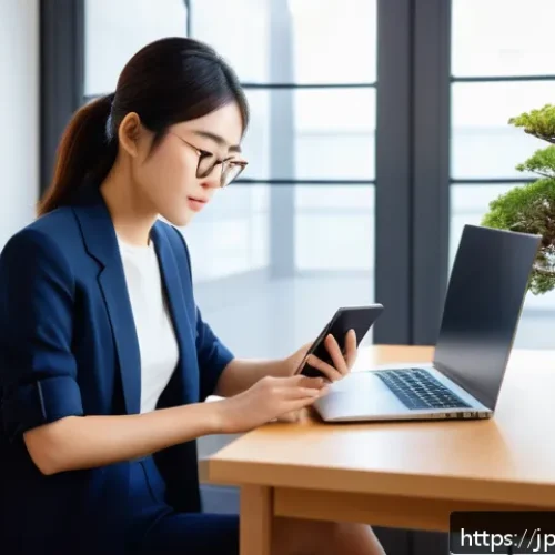 수렴적 사고 훈련을 위한 온라인 코스 소개 - A modern Japanese home office scene featuring a focused young Japanese woman using a sleek laptop an...