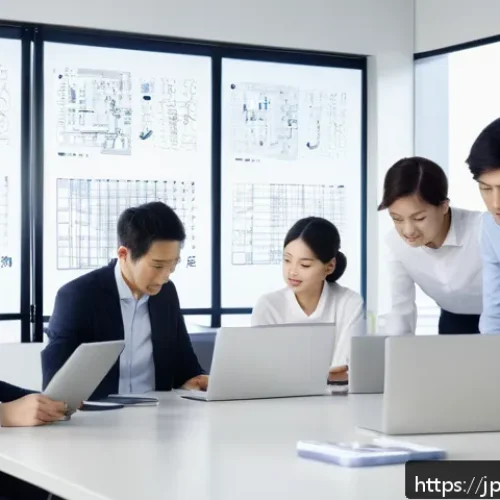 수렴적 사고의 성과를 측정하는 방법 - A modern Japanese office meeting scene focused on convergent thinking, with diverse team members aro...