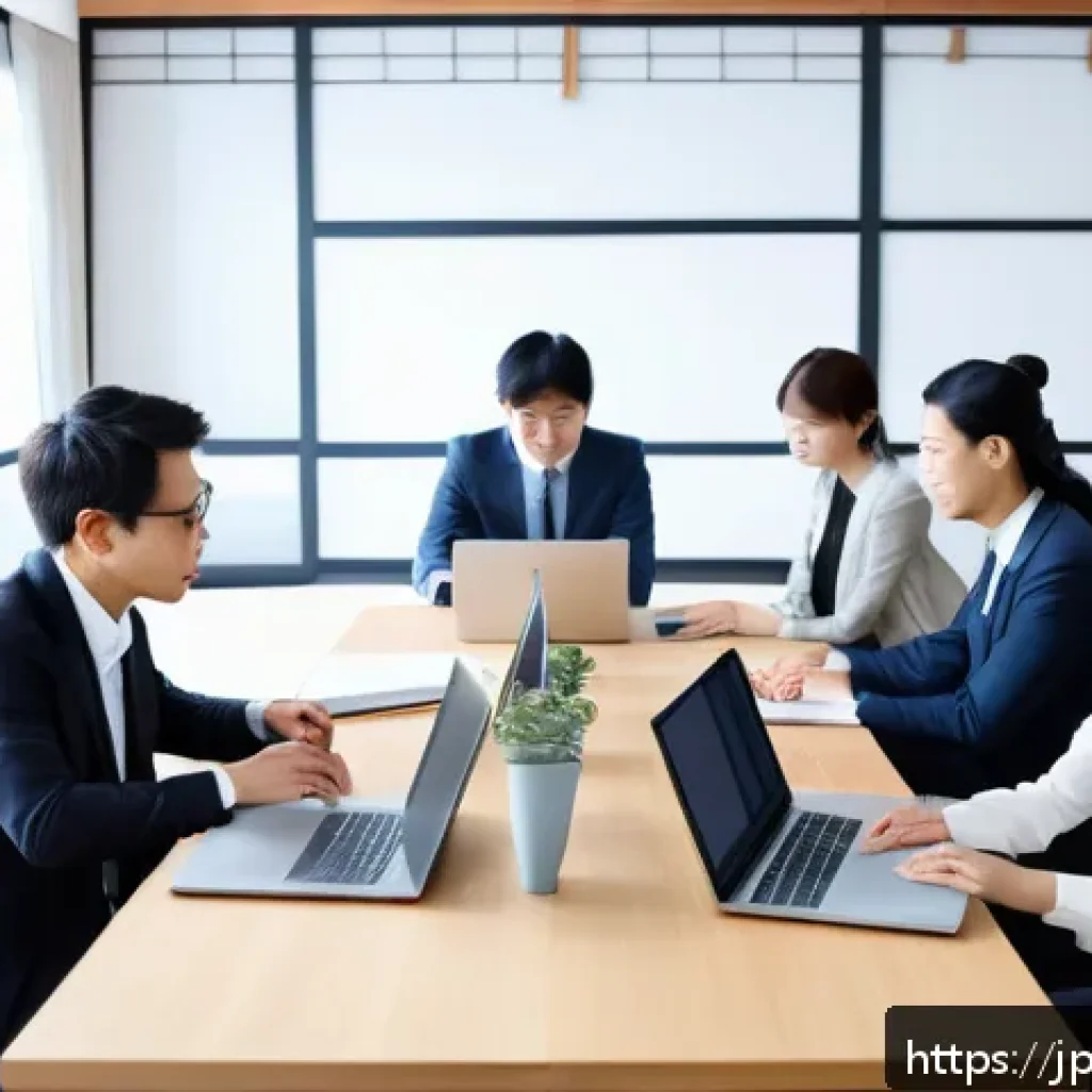 수렴적 사고를 통한 변화 관리 전략 - A modern Japanese office scene illustrating a diverse team engaged in a focused discussion around a ...