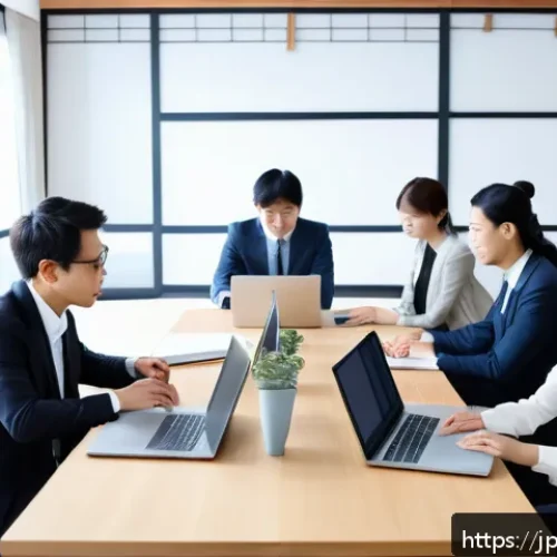 수렴적 사고를 통한 변화 관리 전략 - A modern Japanese office scene illustrating a diverse team engaged in a focused discussion around a ...