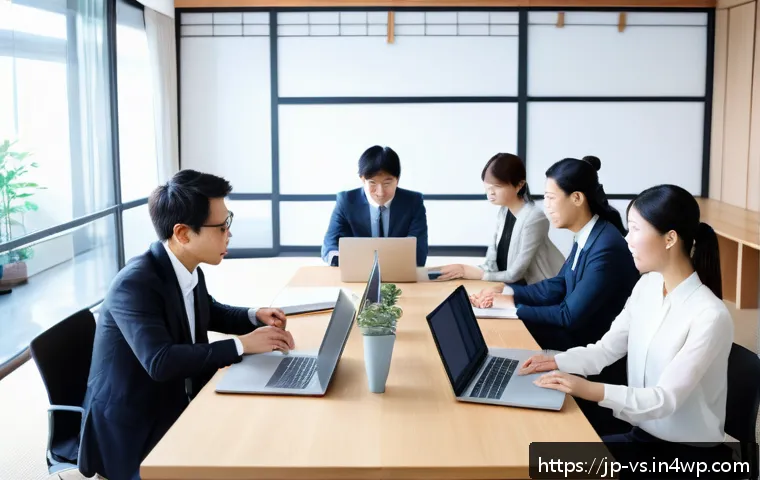 수렴적 사고를 통한 변화 관리 전략 - A modern Japanese office scene illustrating a diverse team engaged in a focused discussion around a ...